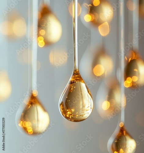 Close-up of skincare oil droplets on a grey background, representing wellness, cosmetics, and dermatology. This detailed shot emphasizes the benefits of facial health treatments, Generative AI