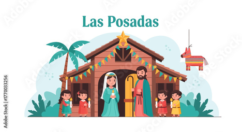 Posadas scene features Mary  Joseph before a garlandadorned house kids with candles a piñata  palm tree