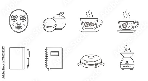 self care and relaxation icons featuring wellness items like face mask bath products hot tea journal aromatherapy diffuser.