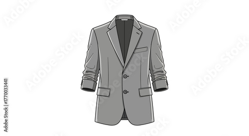 A grey longsleeved suit jacket is centered on a white background It has a twobutton closure