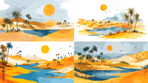 Beautiful watercolor desert oasis illustration with sun, dunes, and palm trees. Warm artistic landscape artwork capturing serene nature and tropical scenery in vivid colors.