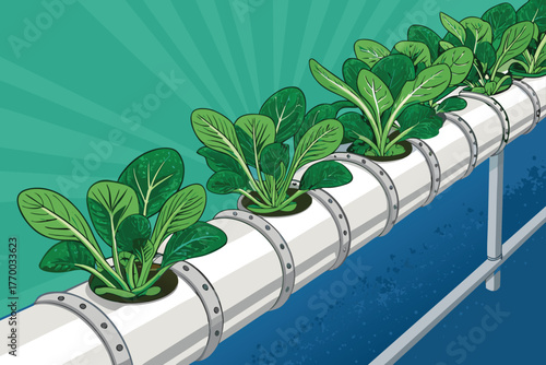 Tilted perspective showing hydroponic PVC pipe system, water flow, roots, nutrient solution, growing leafy greens, vertical farming, urban agriculture, modern cultivation.