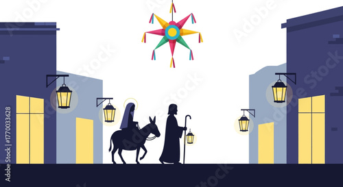 Silhouette of Mary Joseph and donkey under a piñata in a town at night