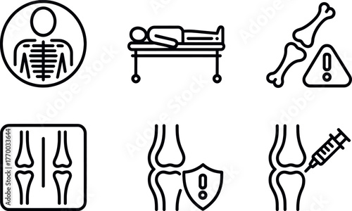 Set of six medical and healthcare line icons representing bones joints and patient care vector