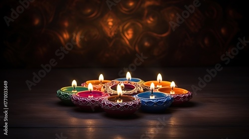 A collection of vibrantly colored clay diyas, lit with m flames, arranged in a beautiful display on a dark wooden surface with an ornate, glowing backdrop