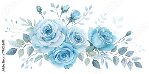 Blue roses and leaves arrangement watercolor isolated