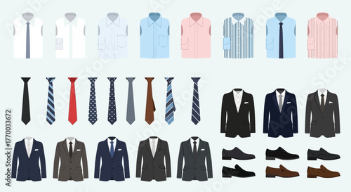 Collection of pixelated mens clothing shirts ties suits and shoes in various colors