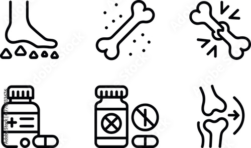 Set of six medical icons representing foot pain bone issues and medication choices vector