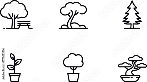 Minimalist line art icons representing nature elements trees plants and bonsai for outdoor scenes vector