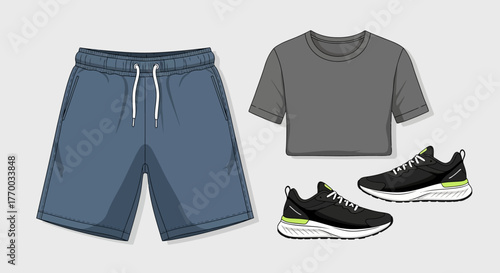 Outlined illustration blue shorts gray tshirt and black sneakers
