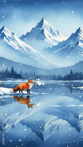 Dog riding a sled on snowy mountains in winter landscape