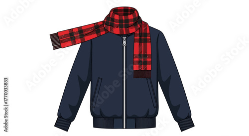 A bomber jacket with a red and black checkered scarf draped around its neck