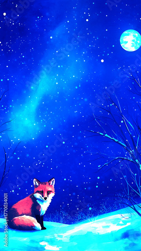 Cute cartoon cat sitting on the moon in a snowy winter night sky