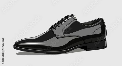 A black glossy leather oxford shoe with black laces and a block heel casting a shadow on a light gray surface