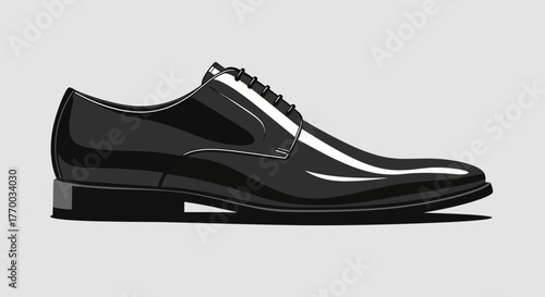 A shiny black dress shoe with laces is depicted against a grey background