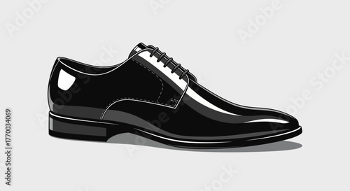 A shiny black leather dress shoe with laces side view casting a subtle shadow on a light gray surface