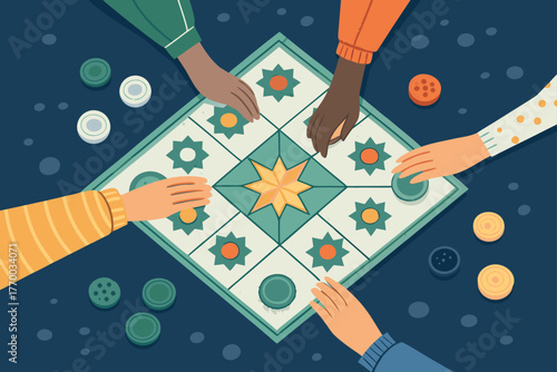 High-angle view of skilled hands expertly manipulating tokens on a game board, strategic gameplay.