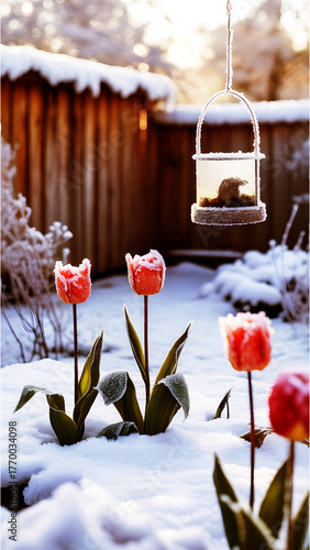 Winter flowers in a snowy garden arranged in a decorative basket
