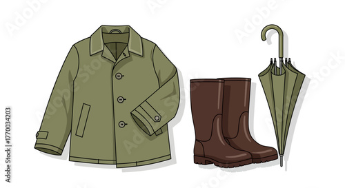 Rain gear a green coat brown boots and a green umbrella are set against a white background