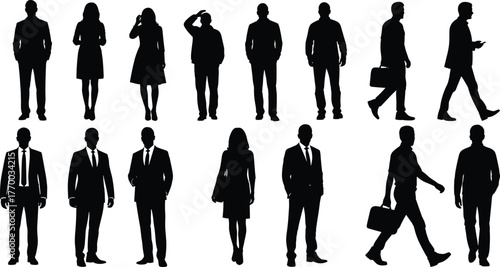 Business silhouettes, professional people, corporate attire, walking poses, mobile use, briefcase holding, confident gestures, workplace icons, career concept, vector design, success, interaction