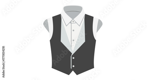 A gray vest with a white shirt and buttons on a gray mannequin