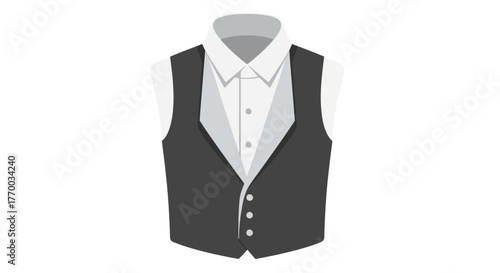 A formal outfit a white shirt under a dark gray vest with four buttons