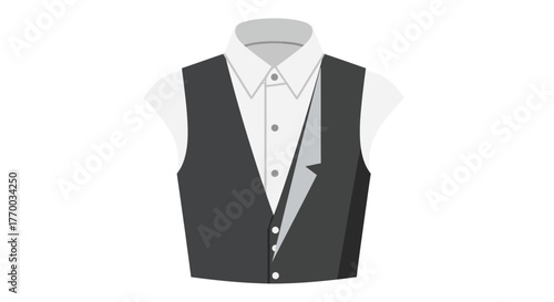 A gray vest is worn over a collared white shirt with visible buttons