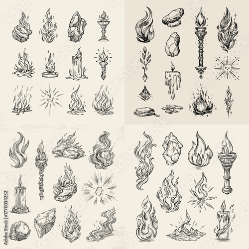 Vintage hand-drawn fire and flame elements set. Collection of burning torches, candles, sparks, and smoke designs for tattoo, logo, and mystical decoration in retro engraving style.