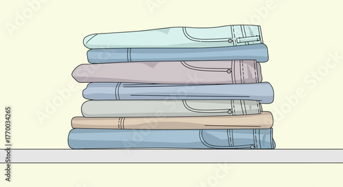 Stacked jeans in pastel hues on a shelf neatly folded and organized