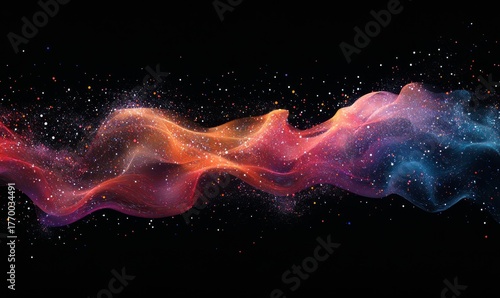 Network lines and dots on a black background, representing internet connectivity, artificial intelligence, and neural networks. The vibrant, iridescent design emphasizes modern digital, Generative AI