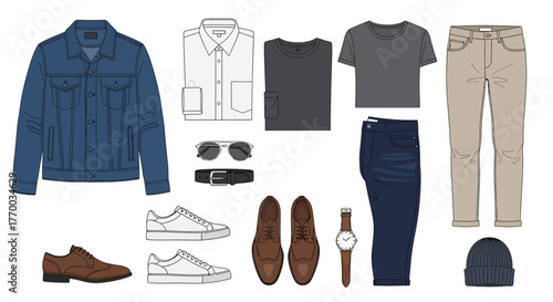 Outfit layout displays a denim jacket shirts pants shoes  accessories