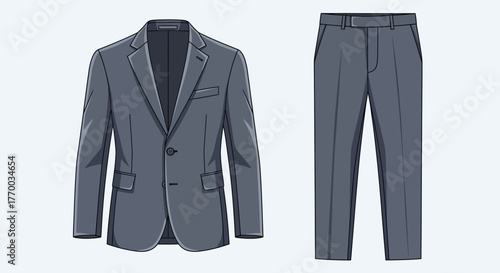 Depiction of a gray suit including a jacket and pants against a white background