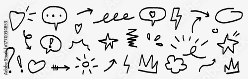 Line marker hand drawn doodle icon set. Arrows, hearts, stars, crowns, and speech bubbles. Fun sketch elements for social media design, highlights, blog decoration, and creative layouts. 