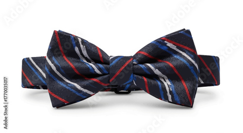 Bowtie with blue white and red stripes on a white background neatly arranged