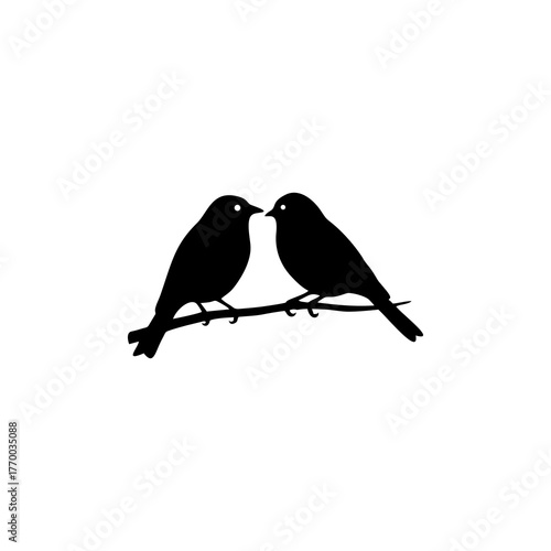 Two birds are perched closely together on a branch, depicted in a simple black silhouette against a white background.