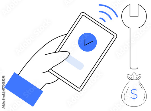 Hand holding smartphone with a checkmark screen beside a wrench and money bag. Ideal for payment, mobile banking, finance, repair services, technology, business solutions, simple flat metaphor