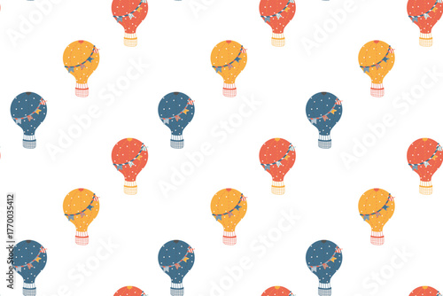 Balloons, seamless pattern. Bright child-friendly design, hand-drawn, white background. Suitable for travel, adventure themes, children’s products, nursery decoration, wrapping paper, scrapbooking
