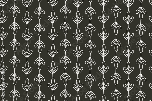 Minimalistic botanical seamless pattern. Hand-drawn, white elements on dark background. Suitable for seasonal, Christmas, eco-friendly projects, textile design, gift wrapping, wallpaper, stationery