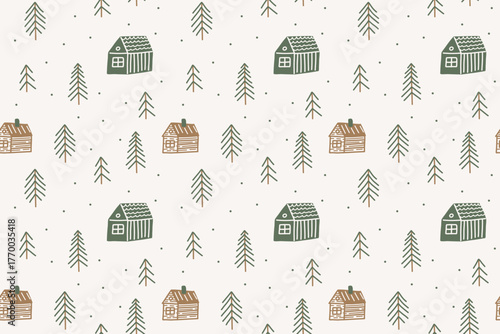 Forest and houses seamless pattern: fir trees, wooden houses, hand-drawn in minimalist naive style. For seasonal, winter, Christmas, children’s products, holiday decor, textile designs, stationery