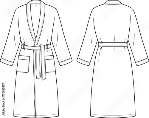 Bathrobe front and back technical fashion sketch, robe with belt and pockets flat design template, detailed garment outline for apparel designers, cad drawing flat vector illustration