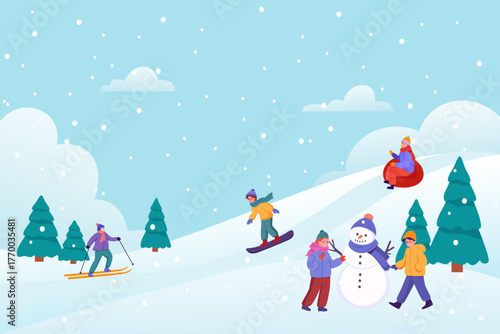 Winter outdoor activities. People skiing, snowboarding, and tubing down a snowy slope, building a snowman. Winter landscape depicting active recreation. Vector illustration.