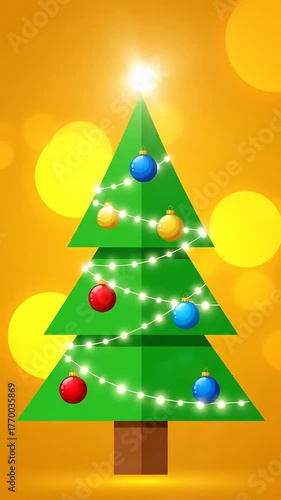 Decorative Christmas Tree with Ornaments on Golden Background in Slow Motion
