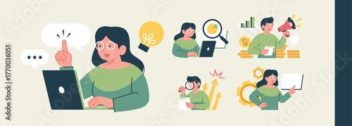 Business Teamwork and Productivity Concept Illustration Set