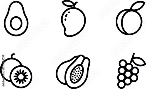 Minimalist line art icons representing assorted fresh fruits for healthy eating and food concepts vector