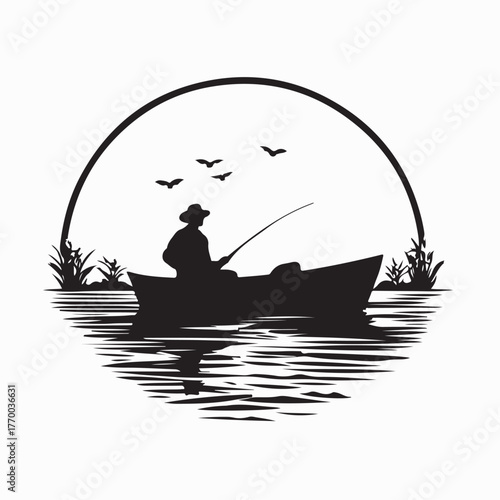 Fisherman on Boat Lake Silhouette Vector on white background