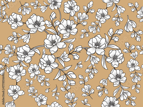 A black and white hand-drawn floral seamless pattern on a beige background, suitable for fabric prints, garments, wallpapers, wrapping paper, and other digital prints.