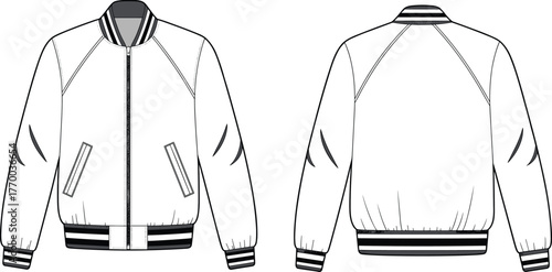 Bomber jacket technical flat sketch front and back view, unisex fashion outerwear apparel design template, ribbed cuff collar and hem detailed cad drawing, flat vector illustration for clothing