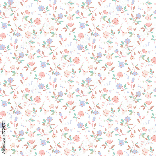 Ditsy floral seamless pattern. Small little flower pattern on white background. Wildflower repeat pattern print. Hand draw style. Botanic flower surface design for fashion, texture, fabric, wallpaper