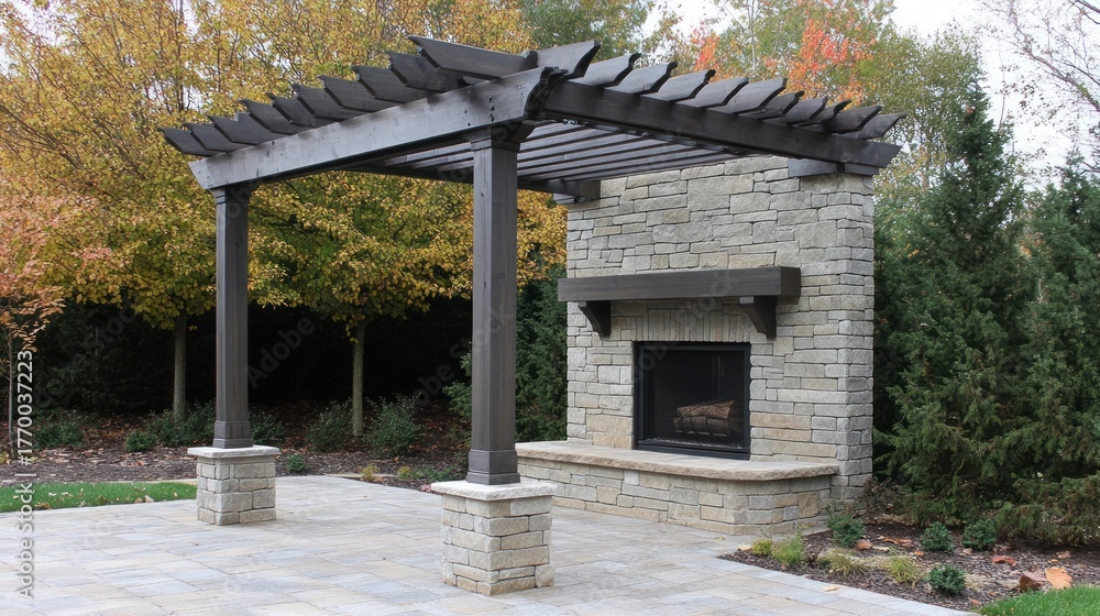 Naklejka premium Outdoor stone fireplace and pergola in landscaped backyard
