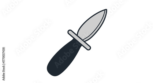 Simple graphic illustration of an oyster knife with a short blade and dark handle.